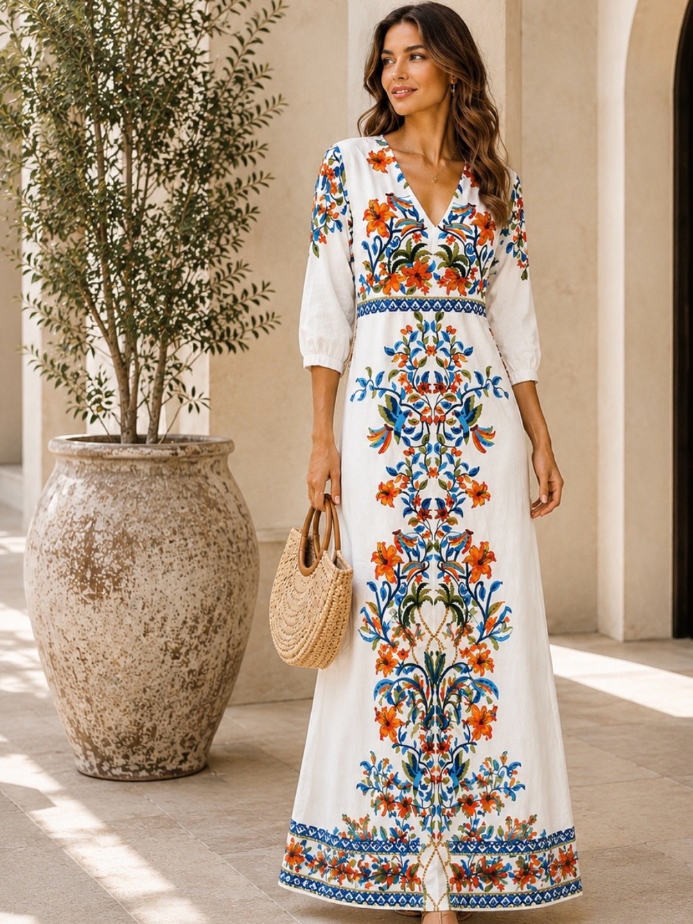 CeCe White Maxi Dress with Orange & Blue Floral Embroidery